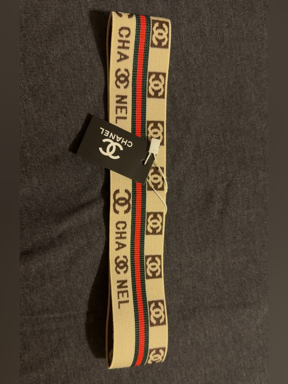 Double CC Beige Webbed Logo Headband with Red and Green Center Stripe